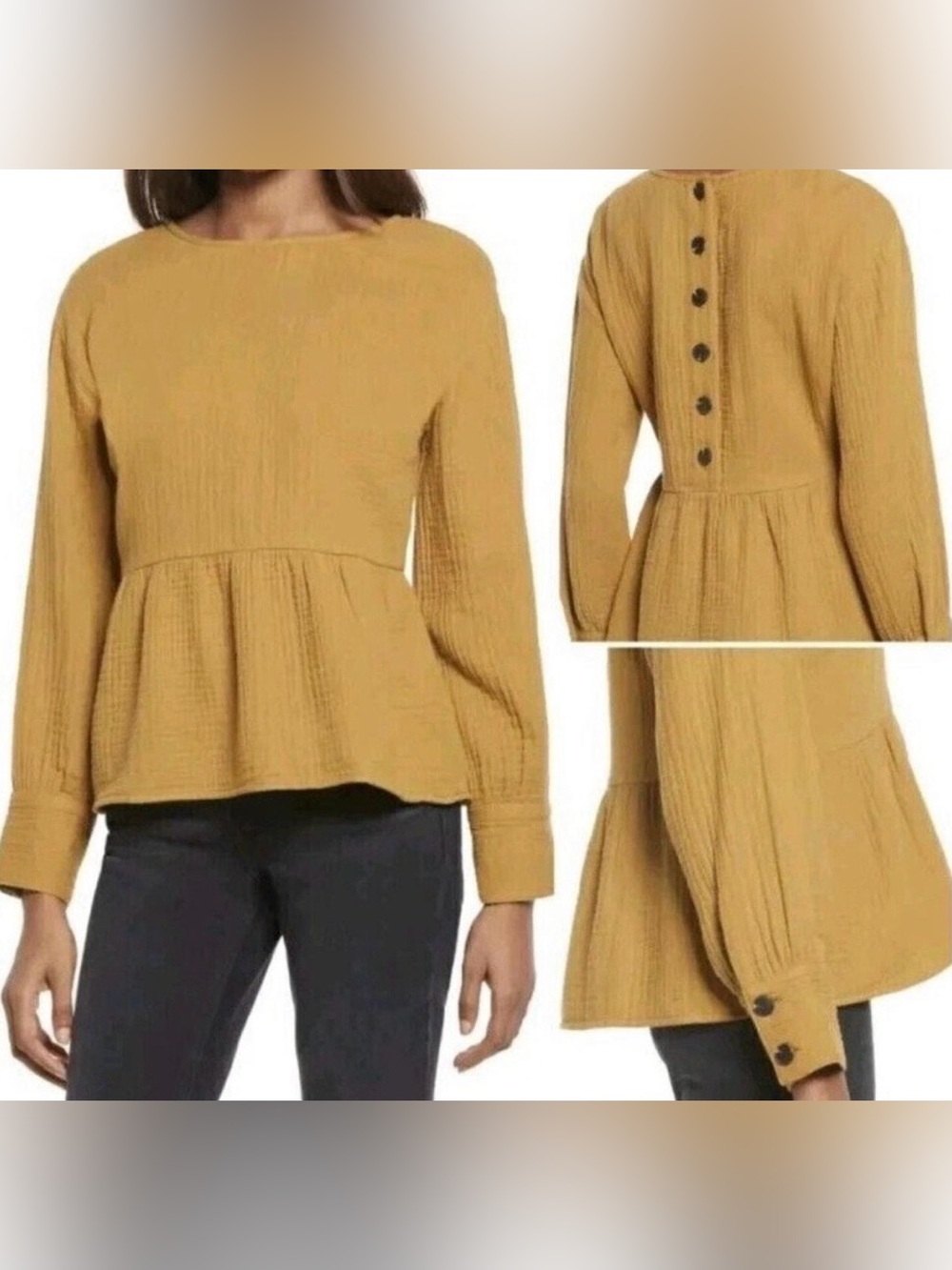 Mod Boutique Women's Yellow Mustard Peplum Button-Back Boho Cotton Top Small